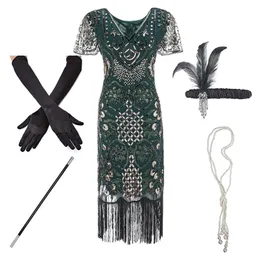 1920s Flapper Roaring Plus Storlek 20s Stor Gatsby Fransed Sequin Beaded Klänning och Utsmyckad Art Deco Dress Tillbehör XXXL 210331