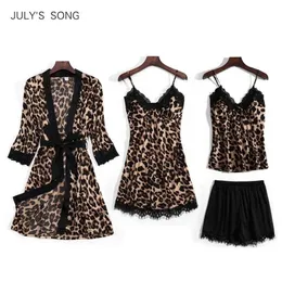 JULY'S SONG Fashion 4 Piece Pajamas Set Leopard Print Woman Sleepwear Artificial Silk Sling Robe With Chest Pad 211215