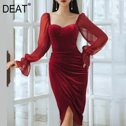 DEAT Women Red Patchwork Asymmetrical Gauze Dress New Square Neck Long Lantern Sleeve SlimFit Fashion Tide Summer 7E0037 210428