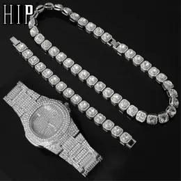 Hip 12mm prong tennis halsband + baguette klocka + armband hip hop kedja iced out asfalterad rhinestones cz bling för män smycken