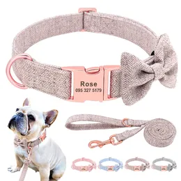 Customized Dog Collar Leash Set High Quality Personalized Pet Collars With Bowtie Adjustable Dogs Collars Leash Free Engraving 211006