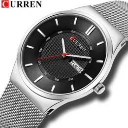 Männer Uhren Einfache Stil Edelstahl Mesh Armbanduhr Curren Neue Quarz Männliche Uhr mit Woche und Datum Reloj Wasserdicht Hombre Q0524