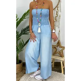 Women Summer Casual Full Length Denim Jeans Jumpsuits Sexy Strapless Elastic Waist Wide Leg Long Pants and Rompers Jean Play for Womens