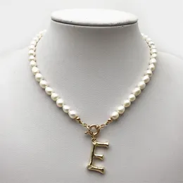Real Pearl Necklace Choker Alphabet A-Z Initial Stainless Steel Buckle GoldColor Pendant Freshwater Jewelry 220228