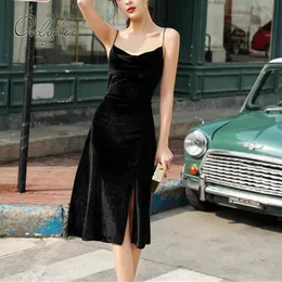 Summer Women Velvet Party Spaghetti Strap Vintage Sexy Split Black Slip Dress 210415