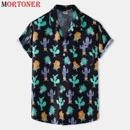 Rolig kaktusutskrift Hawaiian T Shirts för män sommar kortärmad knapp ner Strandskjorta Casual Holiday Aloha Party Clothing 210721