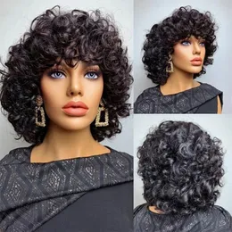 Wig Short Pixie Cut Bouncy Jerry Curly Bob Blunt Cheaps Full Machine Made No Lace Wig With Bangs Human Hair Wigs For Women