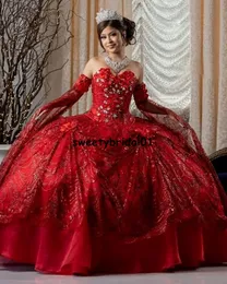 2022 красный бисероплетение кружева бальное платье Quinceanera платья из бисера с плеч из тюля с блеском Сладкие 15 16 платье XV вечеринка одежда