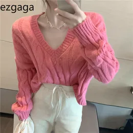 Ezgaga Maglione rosa Donna Moda Allentato Tutto-fiammifero Autunno Scollo a V Manica lunga Solid Pullover da donna Elegante Office Lady Top 210430