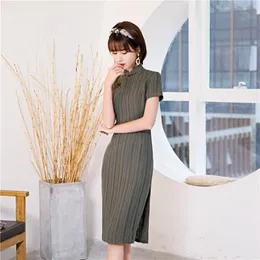 Ethnic Clothing Cotton Linen Young Lady Elegant Cheongsam Mandarin Collar Green Sexy High Split Chinese Dress Vintage Short Sleeve Qipao