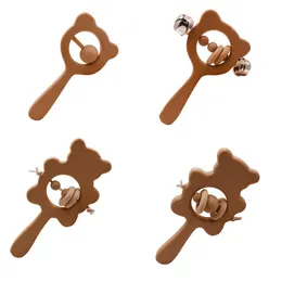 DIY Beech Baby Teether Wooden Bear Rabbit Owl Bell Rattle Crafts Kids Toys Newborn Molars Teething Toy Beading Rope Handle