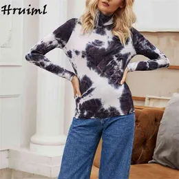 Skjortor Kvinnor Casual Tie Dye Skriv ut Hem Stil Fashion T Shirt Långärmad Turtleneck Vintage Roupas Femininas 210513