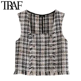 Traf Women Fashion With Frayed Trim Tweed Check Checcoat Vintage Square Collar Seveless Memale Vest Coat Chic Tops 210415