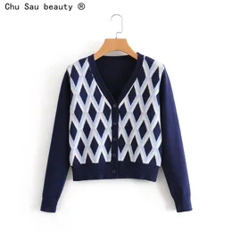 Fall Winter Fashion Women Vintage Chic Slim Short V-Neck Colorblock Argyle Plaid Knit Cardigan Swetry Topy 210508