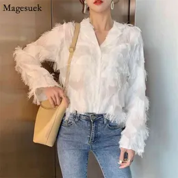 Blusas para mujer wiosna luźne kobiety koszule bluzki z długim rękawem białe bluzki klapel pióro feather shilfon shirt topy 12692 210512