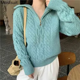 Zip-up Dzianiny Kobiety Sweter Sweter Jesień Zima Pełna Rękaw Mock Neck Skoczk Koreański Moda Damskie Topy Femme 210513