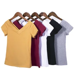 Wwenn sommar t-shirt kvinnor hög v-hals 5 godis färg bomull grundläggande vanlig enkel t-shirt för korta ärm kvinnliga toppar 210507