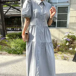 Korejpaa Women Dress Summer Korean Chic French Lapel Pleated Design High Waist Loose Single-Breasted Puff Sleeve Vestidos 210526