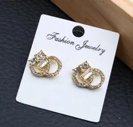 Orecchini a bottone con ciondolo con strass in cristallo intarsiato da donna di lusso Designer di marca con lettera pendente in oro 18 carati placcato oro 925 orecchino ad ago gioielli da sposa di fascia alta