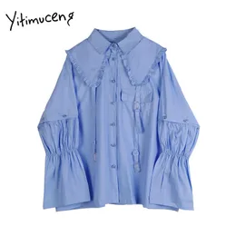 Yitimuceng Knop Blouse Vrouwen Shirts Solid Losse Lente Mode Kleding Vierkante Kraag Single Breasted Office Lady Tops 210601