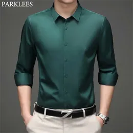 Green Mens Sukienka Koszule Marka Superfine Z Długim Rękawem Mężczyźni Slim Fit Elastyczna Oddychająca Niezwykle Iron Quality Male 220312