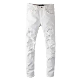 Мода Desiger Длинные тонкие белые джинсы высокого качества Patchworl разорванные отверстия демин брюки брюки брюки для мужчин