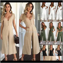 Kvinnor Jumpsuits Young Zeal Calflength Byxor Kvinnor Rompar Kortärmad V Neck Knapp Brett Ben Jumpsuit Med Pocket Casual Total1 Ok Ywbr3