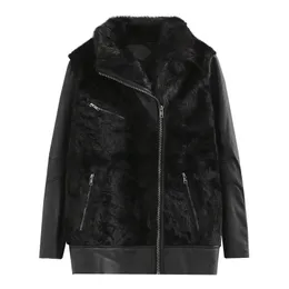 Evfer stilig dam faux päls patchwork pu svart långa varma jackor outwear kvinnor vinter mode zippers läder tjocka lager 210421