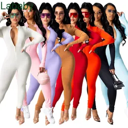 Kvinnor Jumpsuits Designer Onesies Slim Sexig Solid Färg Zipper Långärmad Långärmad Lågar Leggings One-Piece Pants Rompers 8 färger