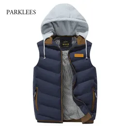 Winter Hooded Vest Mens Fashion Sleeveless Men Waistcoat Solid Slim Warm Comfortable Hommes Veste Pocket Badge Chaqueta Hombre 210524