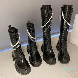 Boots Platform Chain Decoration Trendy Street Shoes Black Cross Straps Pearl Zipper Women Ytmtloy Knee High