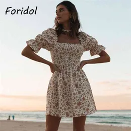 Vintage colarinho quadrado verão sundress mulheres casual praia boho vestido floral impressão harajuku curto 210427