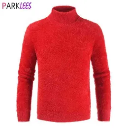 Turtleneck Fluffy Mohair Sweater Men Women Autumn Casual Warm Mens Red Pullover Sweaters Slim Fit Soft Knitwear Pull Homme 210522