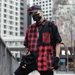 Koszulki ładunkowe Mężczyźni Lato Plaid Hip Hop Streetwear Kolor Blok Harajuku Krótki Rękaw W kratkę Dorywczo 210527