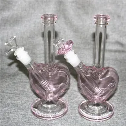 Kalp Şekli Su Bongs Cam Bong Oil Teçhizat Sigara Borular Downstem Slayt ve Pembe Aşk Kaseler ile Nargile 14mm Kül Alıcılar