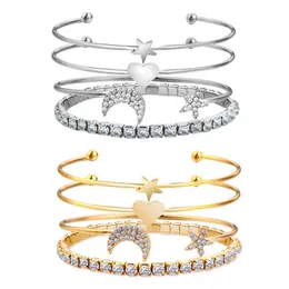 4pcs/set Crystal Star Moon Bangle Set Multilayer Love Heart Charm Gold Color Open Cuff Bangles Adjustable Jewelry for Women Q0719