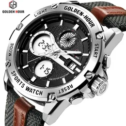 GOLDENHOUR Men Fashion Army Military Watch Mens Dual Display Waterproof Quartz Wristwatches Luminous Hands Sport Clock Relogio 210517