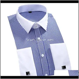 Męskie odzież odzież Drop Dostawa 2021 Design White Collar Paski Spinki do mankietów Z Długim Rękawem French Cuff Party Men Dress Shirts Plus Size 4XL 4