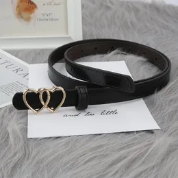 Belts Fashion Double Heart Buckle Belt Gold Metal Pin Thin Leather With Holes For Jeans Dress Black Coffee 105cm