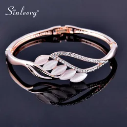 Sinleery Urok Opal Stone Leaf Bransoletki Rose Yellow Gold Silver Color Inlay Tiny Crystal Bangle Dla Kobiet Biżuteria SL203 SSI Q0719