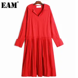 [EAM] Women Black Big Size Casual Pleated Mid-Calf Dress Lapel Long Sleeve Loose Fit Fashion Spring Autumn 1DD8218 210512