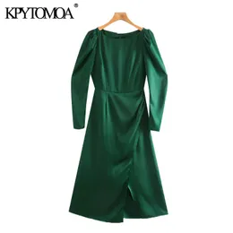 Women Chic Fashion Soft Touch Front Slit Midi Dress Vintage Long Sleeve Back Zipper Female Dresses Vestidos Mujer 210416