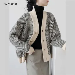 Wywm秋の縞模様のニットカーディガンセーター女性ヴィンテージ韓国のシックな長袖コートファッションストリートウェア緩い女性トップ211018