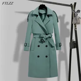 Осень зима элегантные женщины двойной грубости твердой траншеи пальто винтажного воротника с поясом 210430