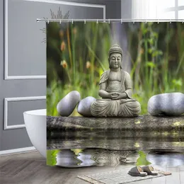 Kinesisk stil dusch gardin zen buddha blomma vatten grön växter vattentät tyg badrum inredning bad gardiner badkar skärm 211116