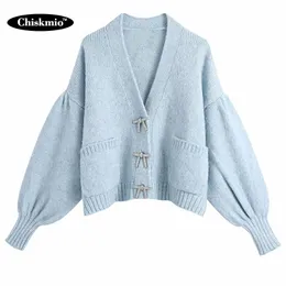 Women's Knits & Tees Women Fashion Bow Rhinestone Buttons Loose Knitted Cardigan Sweater Vintage Long Sleeve Pockets Female Outerwear Chic B
