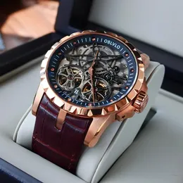 손목 시계 Oblvlo 럭셔리 망 자동 기계식 시계 로즈 골드 스켈레톤 더블 플라이휠 시계 브라운 가죽 스트랩 WTERPOL