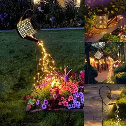 Lawn Lampor Creative Led Kettle Solar Ljus ihålig Smidesjärn Blomma Vattning Kan Fairy String Lamp Vattentät Trädgårdsdekoration