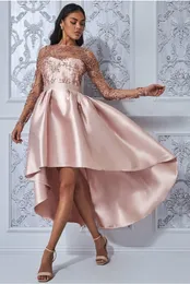 Einfache Ärmeln rosa hohe niedrige Prom -Kleider Pailletten Perlen Illusion Mieder kurz vorne lange zurück Homecoming -Kleid Girls eine Linie Abendkleider Special Ocn
