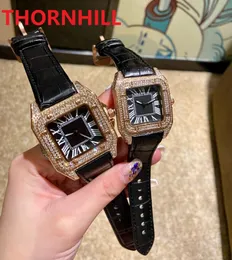 Relógio de quartzo com mostrador romano quadrado, fábrica, diamantes, anel de couro, relógios de pulso super femininos, masculinos, montre de luxo